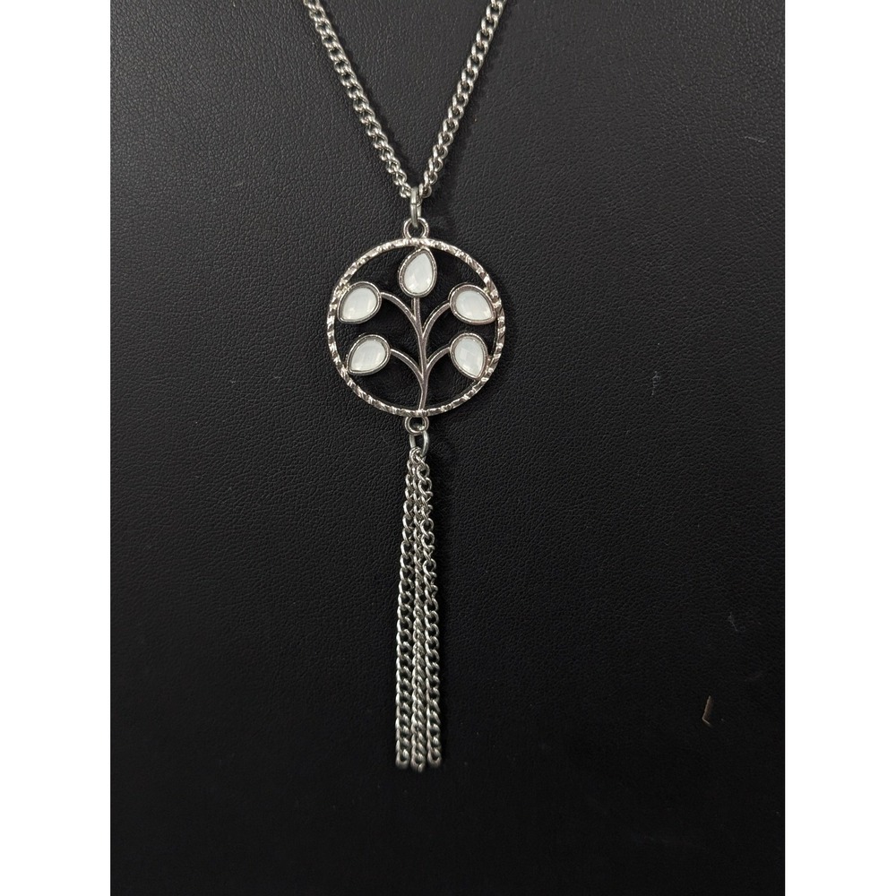 Silver Tone Tree‎ of Life Pendant Necklace White Cabochons 24" Long Chain